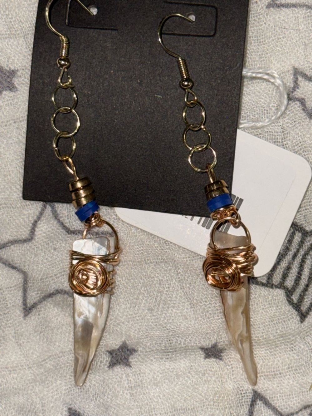 Handcrafted Gold Wire Wrapped Shell Spike Hook Earrings - Blue Accent